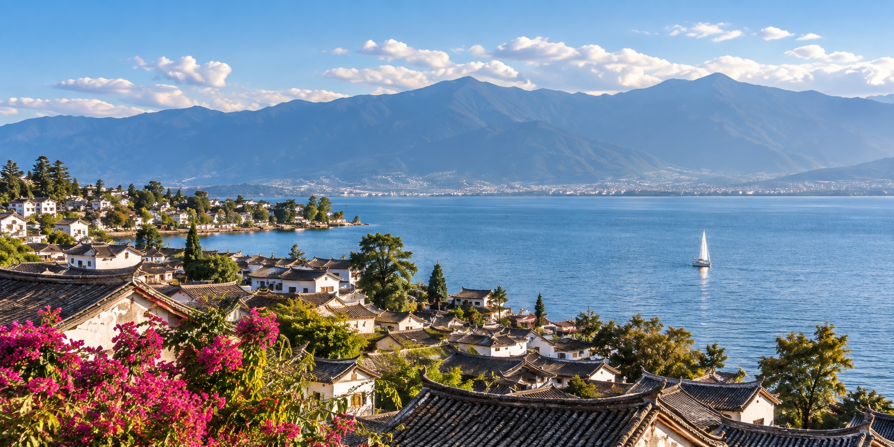Illustration of the Dali lakeside: tiled roofs, water and mountains