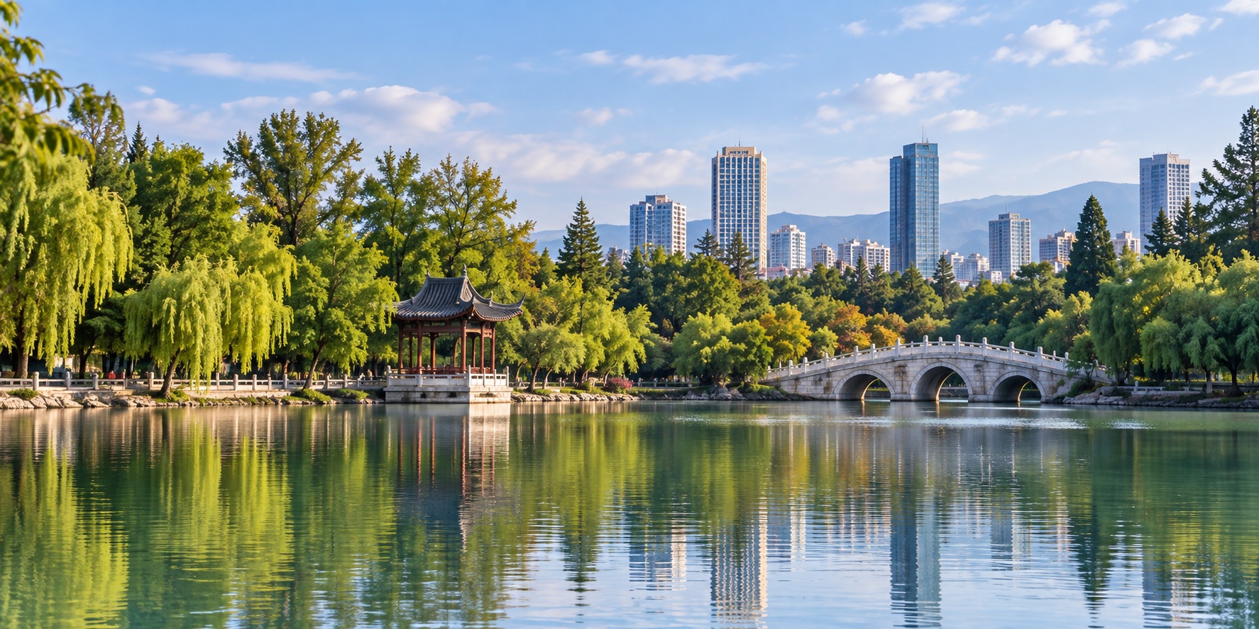 Illustration of a Kunming lakeside park: pavilion, bridge, trees and city